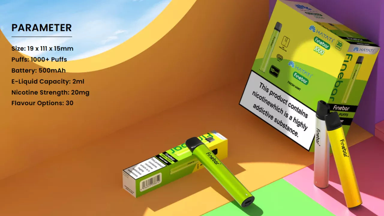 Hayati Finebar 1000 specifications showing 1000+ puffs, 500mAh battery, 2ml capacity, 20mg nicotine strength with 30 flavour options