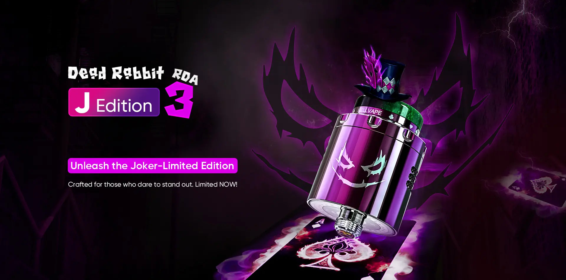 Hellvape Dead Rabbit 3 RDA J Edition in a vibrant Joker-inspired design with a deep purple finish, sinister engraved face, and a resin drip tip, set against a dark, card-themed background.
