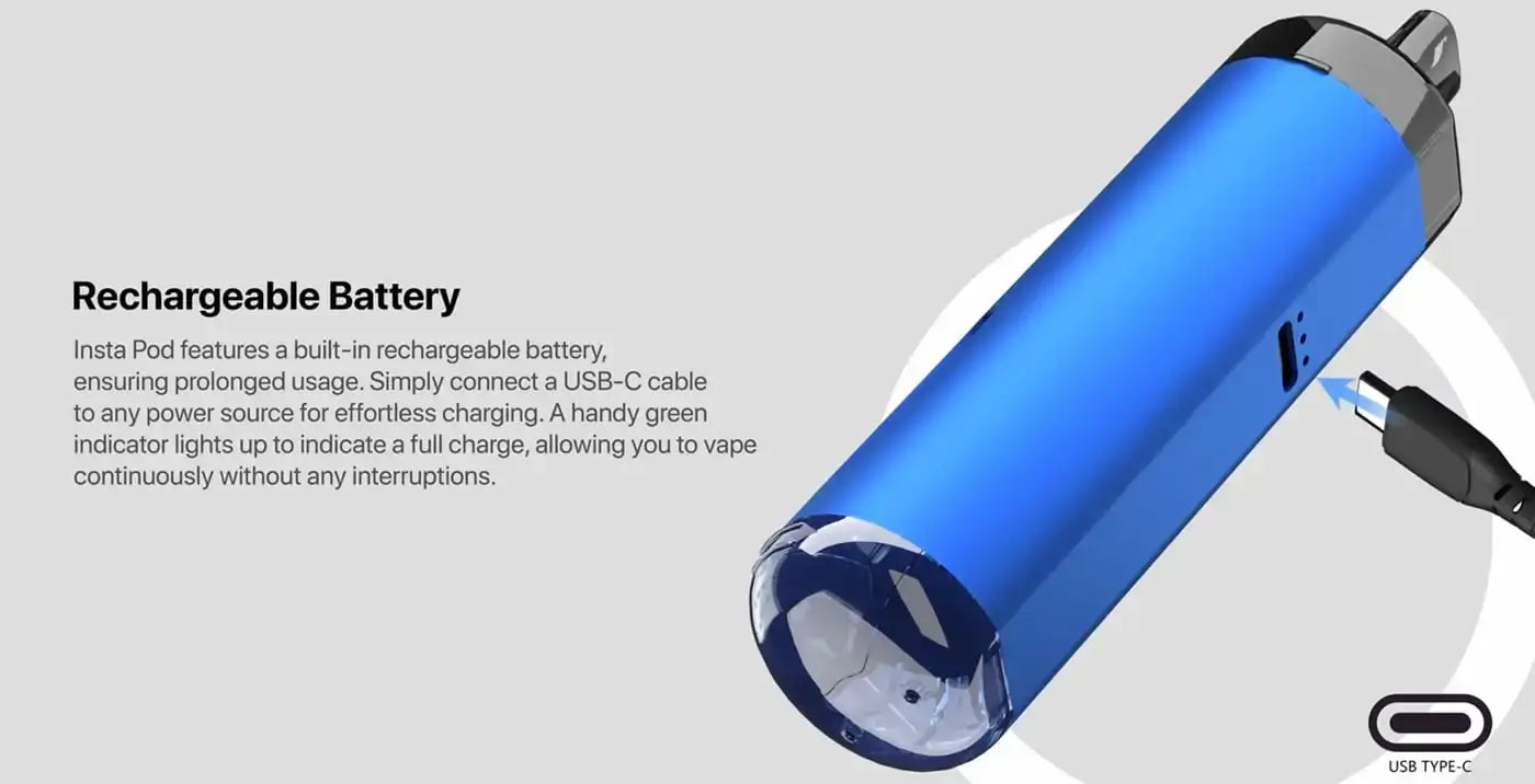 Instapod 6000 Vape with USB-C charging, featuring a rechargeable battery and LED indicator for a seamless vaping experience.