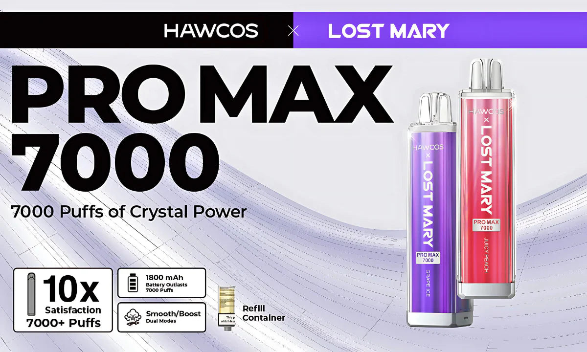 Lost Mary Pro Max 7000 Disposable Vape promotional image showcasing 7000 puffs of crystal power, with features like 1800mAh battery, smooth/boost dual modes, refill container, and two device variations in purple and red.