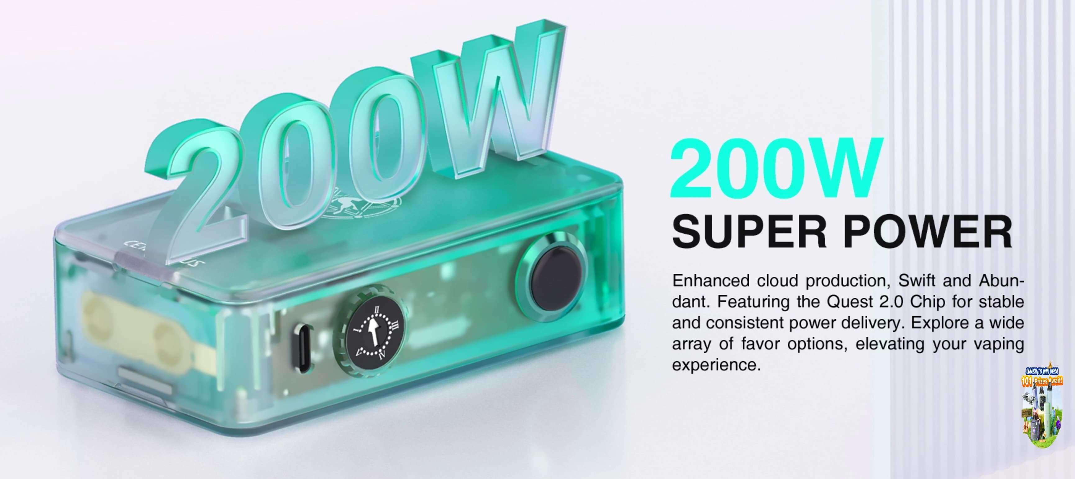 Lost Vape Centaurus P200 box mod displayed with bold "200W" graphic, highlighting its 200-watt super power output and featuring Quest 2.0 chip for stable and consistent performance.