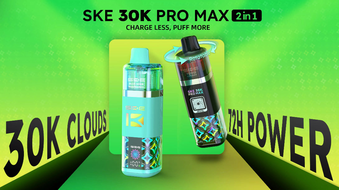 SKE Pro Max 30K prefilled pod kit in green and black with rotatable mouthpiece, showcasing the SKE Pro Max 30000 vape design and 30K clouds feature.