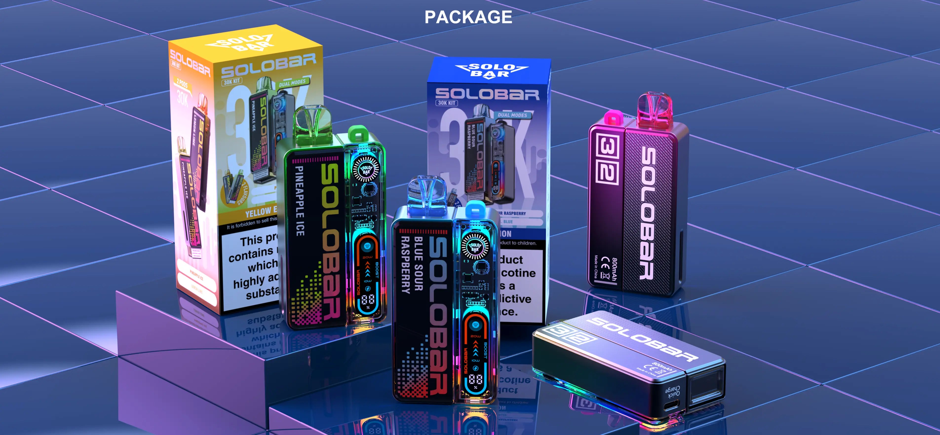Solobar 30K Pod Kit package contents showing complete vape kit with prefilled pods, refill containers and different colour variants including yellow, blue and purple editions