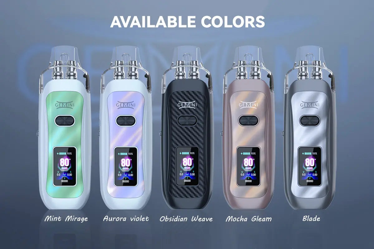 Five Gemini Pod Kit colour options: Mint Mirage, Aurora Violet, Obsidian Weave, Mocha Gleam, Blade