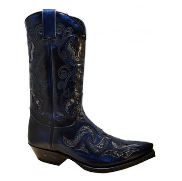 Sendra Men's Shoes 7428P Blue Leather Blue Python Skin West Heel Mid Calf Cowboy Boots
