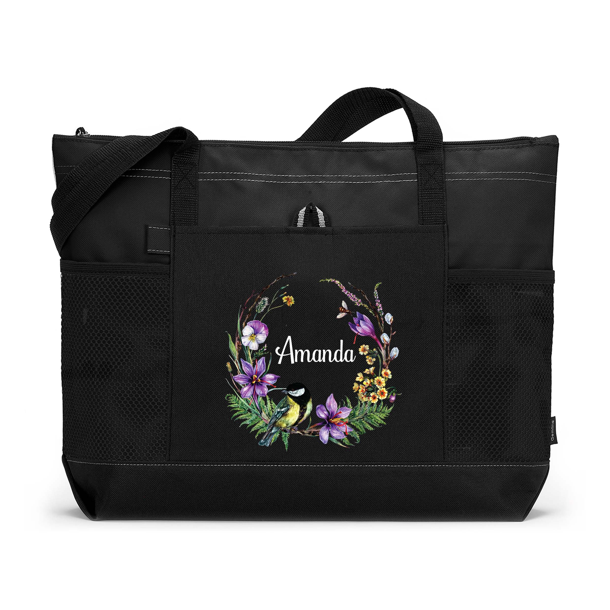 Spring Floral Wreath Printed Tote Bag with Mesh Pockets, Gift for Her, Personalized Gift