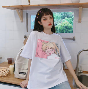 Sailor Moon young lady
 t shirts
 Top t shirts
 Letter design
 circular-neck small sleeved baggy fit
 fit sunny season female t shirts