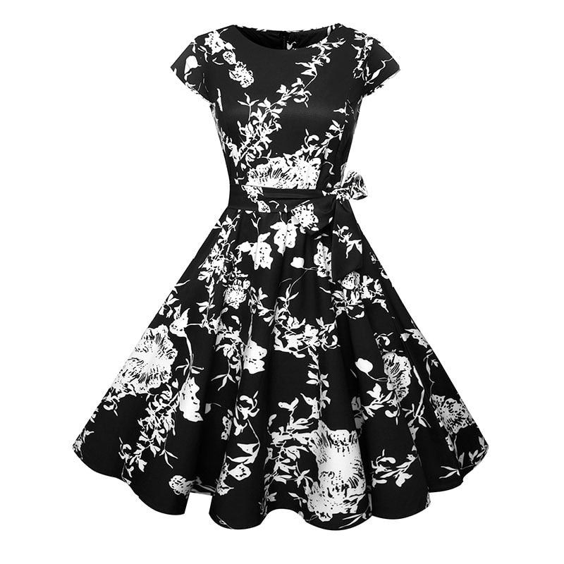 Black White Polka Dot Vintage Dress  Summer Women Floral Print Short Sleeve Retro Robe Rockabilly Dresses Party Jurkjes