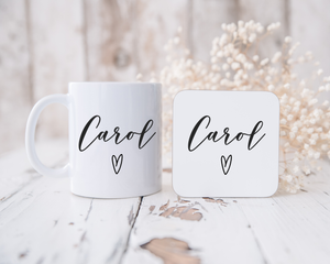 Personalised Name and Heart Mug & Coaster Set - Mother's Day - Birthday - Gift - Bridesmaid - Present -