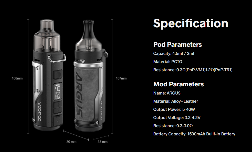 VOOPOO ARGUS POD MOD KIT SPECIFICATIONS