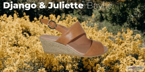 beautiful tan brown leather wedge sandal sitting on a bed of yellow flowers