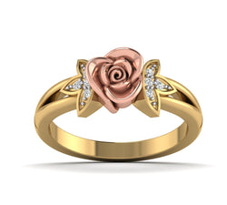 Yellow Gold Diamond Rose Ring With leaf