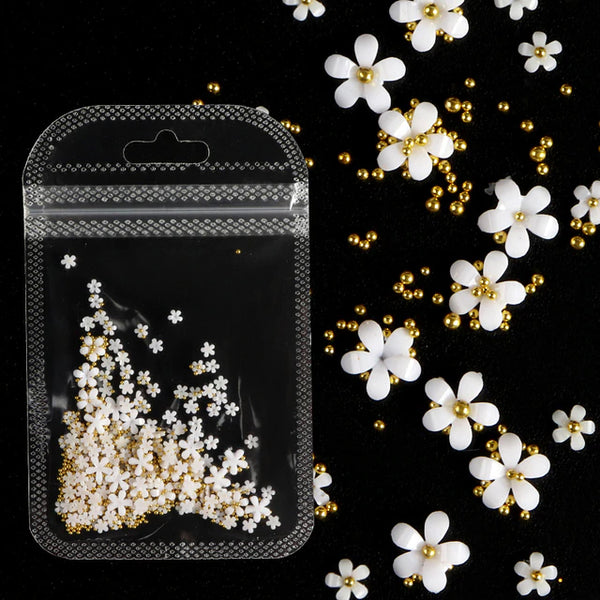 White & Gold 3D Flower Nail Art Charm Kits