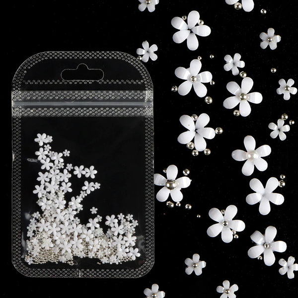3D Flower Nail Art Charm Kit - White / Silver / Pearls