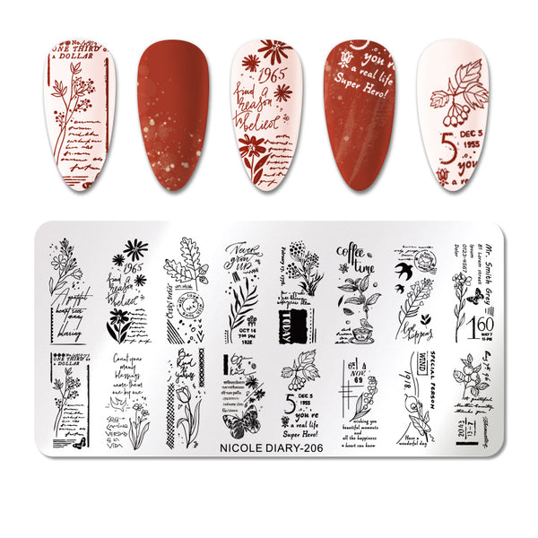 NICOLE DIARY Nail Art Stamping Plate - 206 Floral Script | Venus Nail Art Supplies Australia