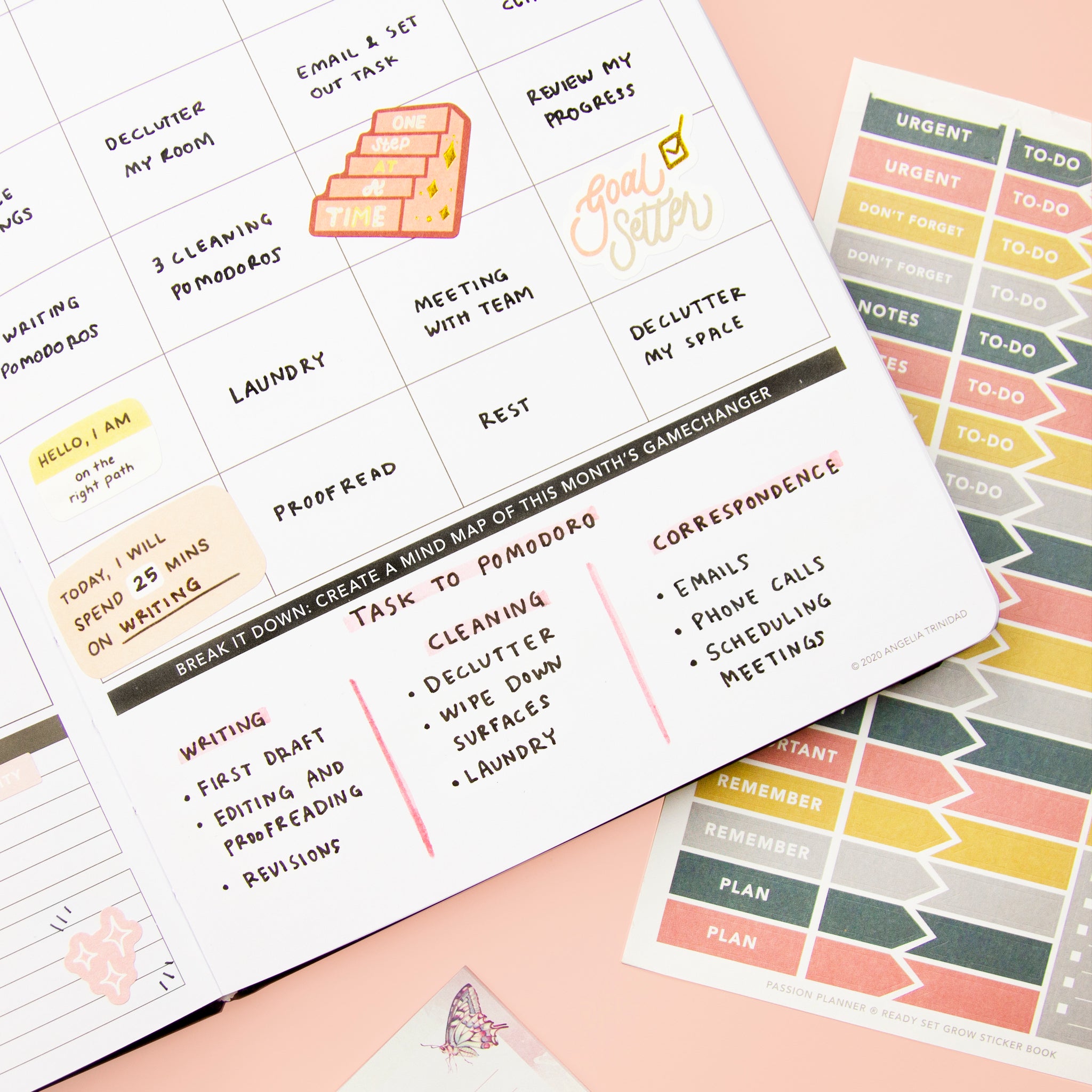Passion Planner GameChanger List: Tasks to Pomodoro Examples: Writing, Cleaning, Correspondence