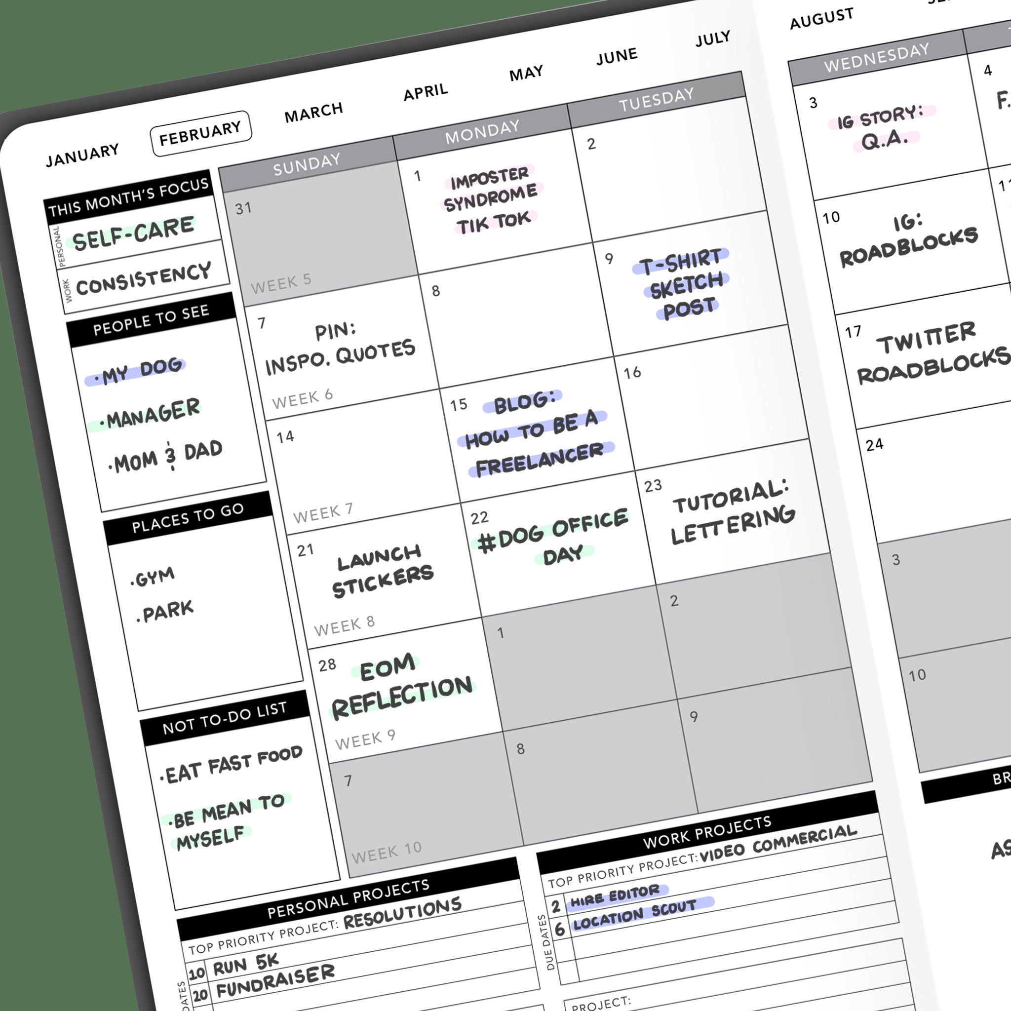 Use the monthly layout of your Passion Planner to schedule your content. 