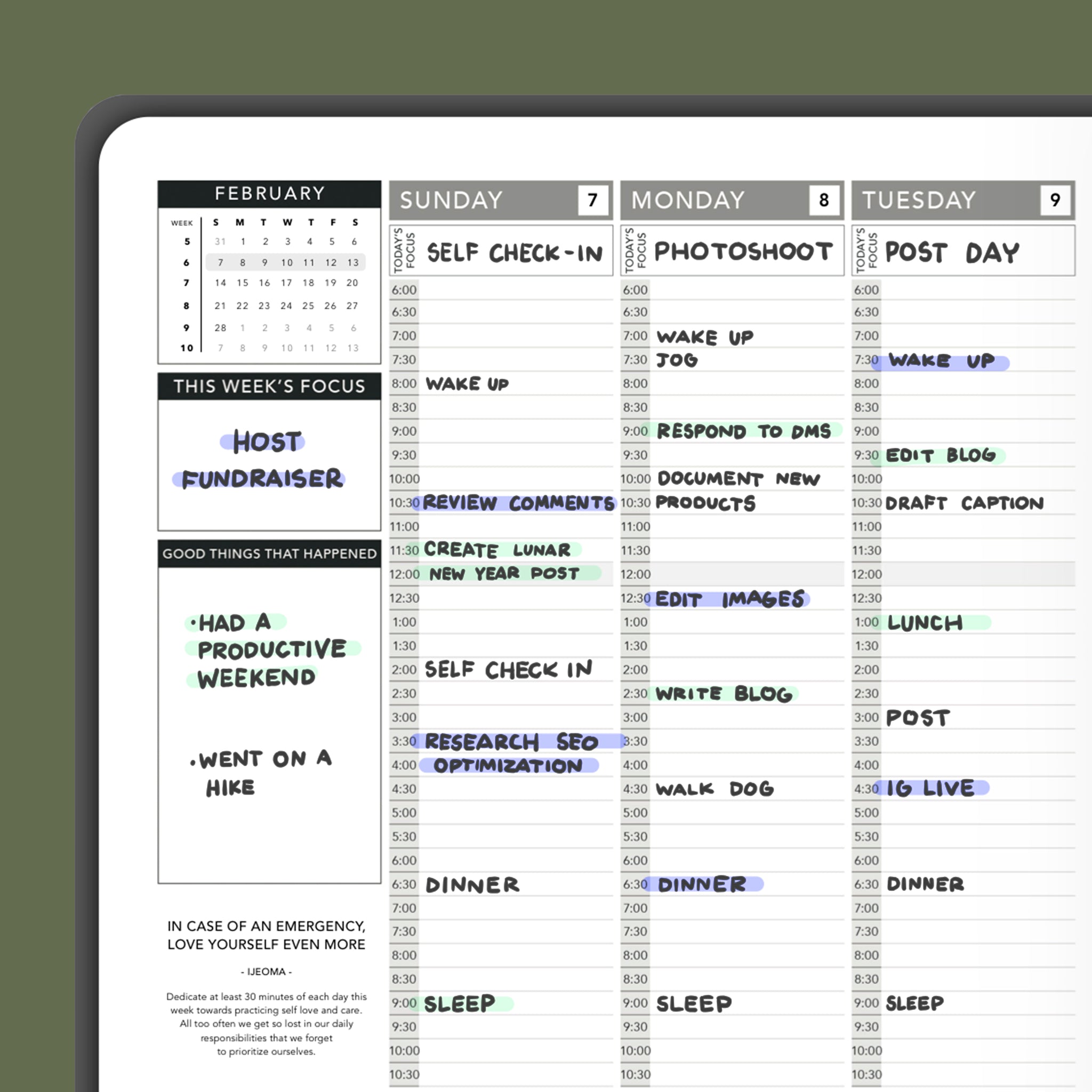 Use the weekly layout of your Passion Planner to schedule out how you will work on your content throughout the day. This can include reviewing comments, creating posts, researching search engine optimization techniques, designing posts, and more. 