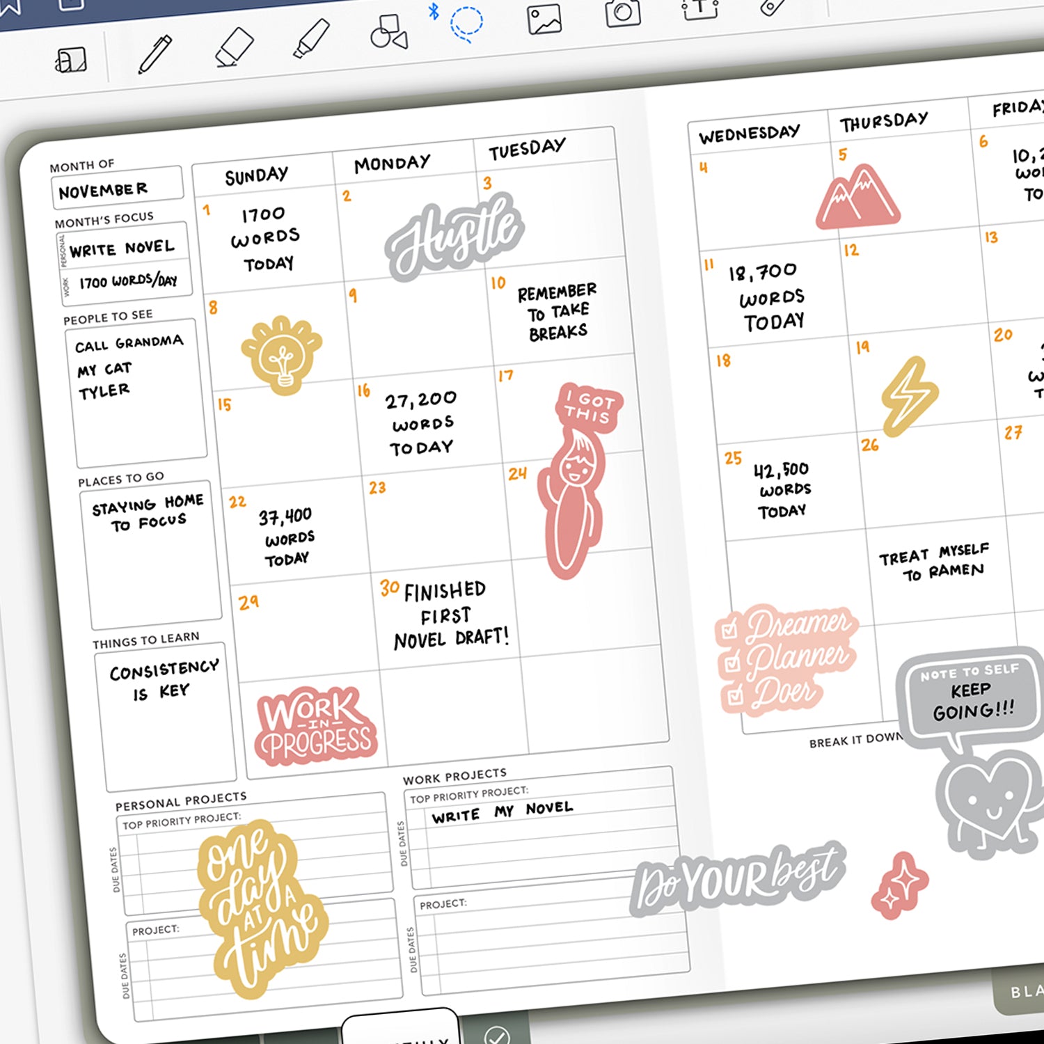 Passion Planner Digital Daily Monthly Overview Page with Writing Word Counts