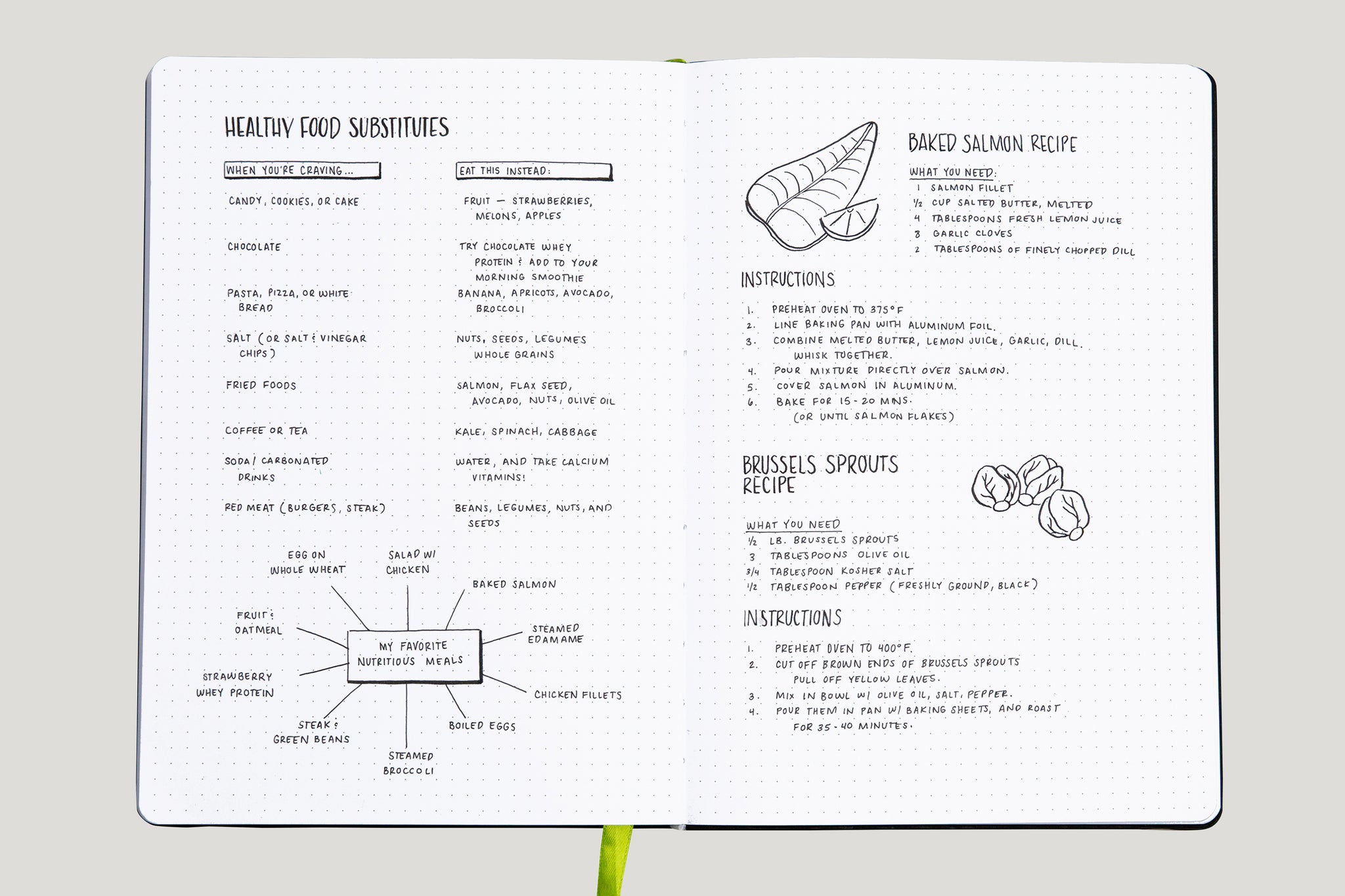 Passion Planner Dotted Pages with Healthy Food Substitutes and Recipes