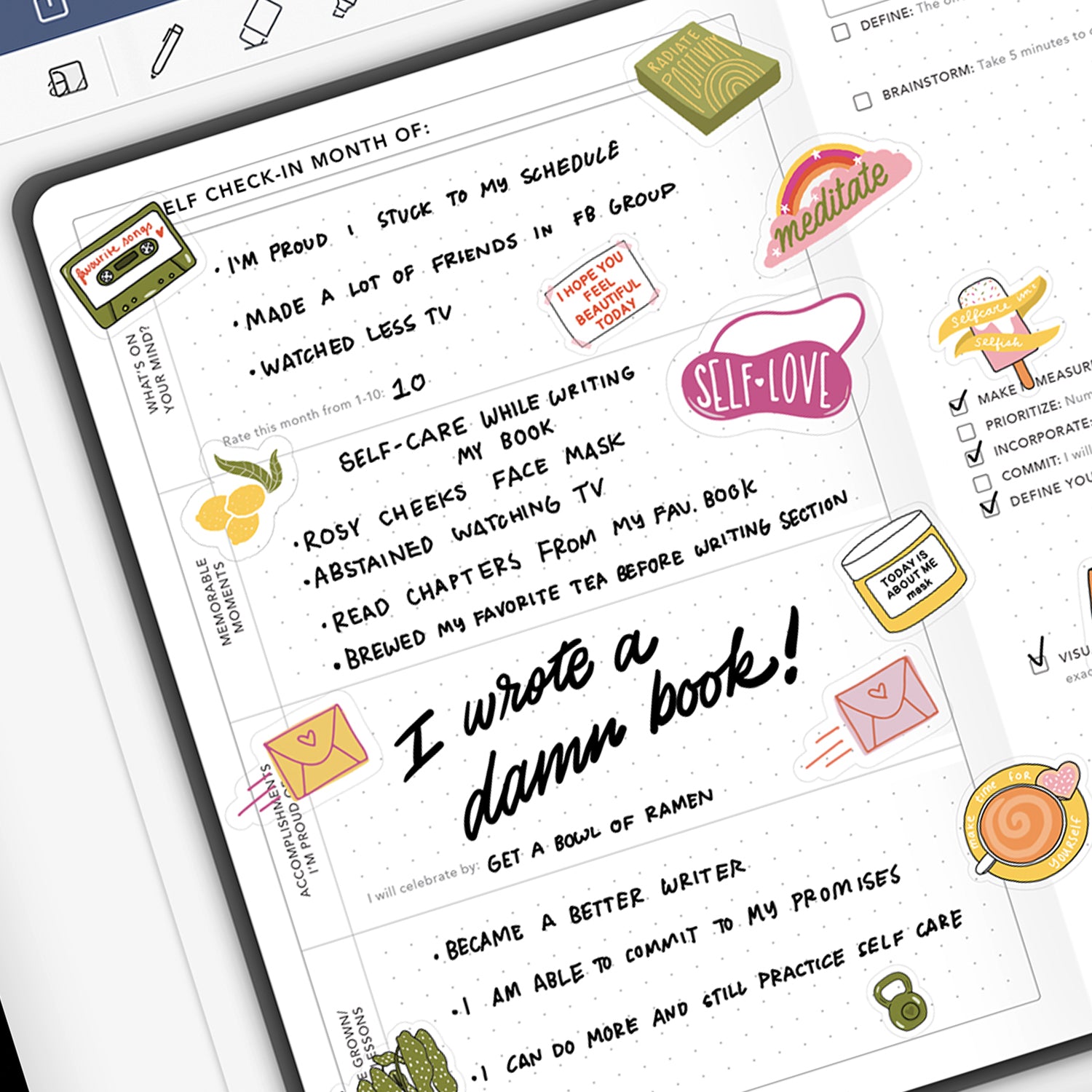 Passion Planner Digital Daily Undated Self-Check In with Digital Stickers