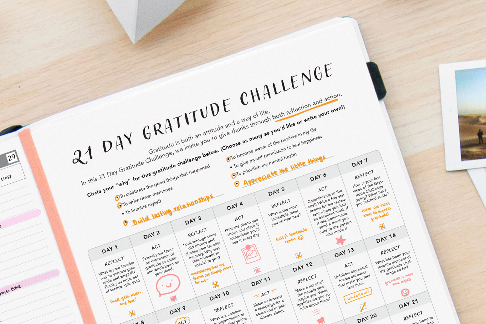 21 Gratitude Challenge Sheet: Ask yourself why you're doing the challenge, followed by the prompts for each day. 