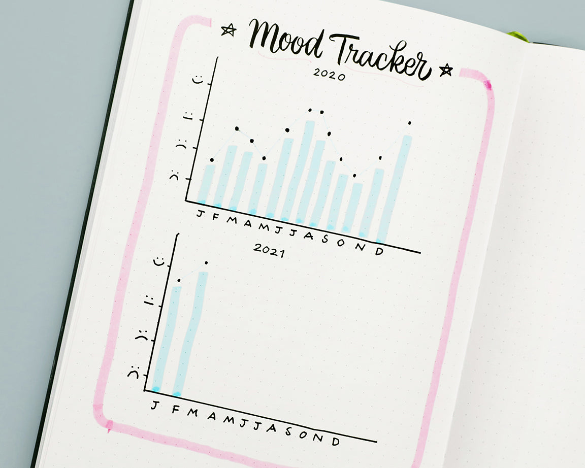 Mood Tracker in Dotted Pages from back of Passion Planner. Depicts bar chart based on emotions for 2020 and 2021. 