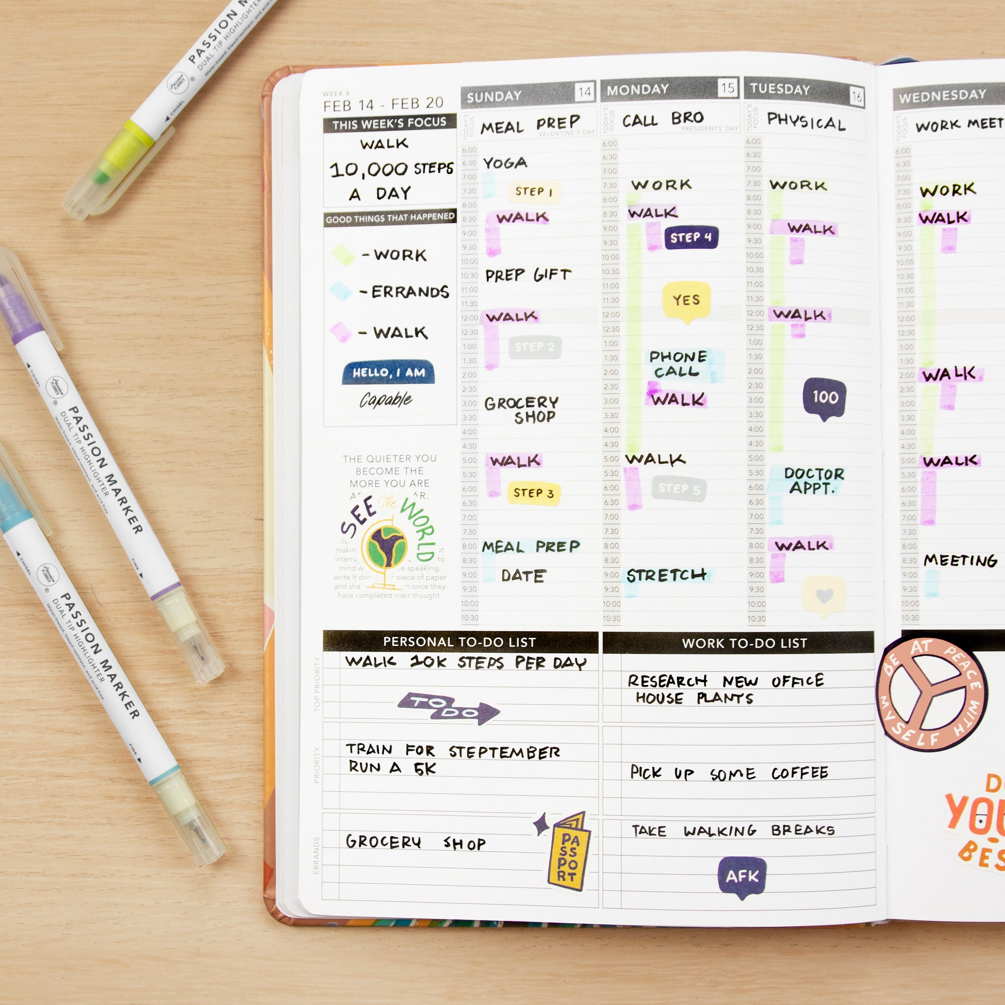 Passion Planner Weekly Layout: Schedule walks throughout your schedule and make it your focus for the week to reach 10K steps daily. 