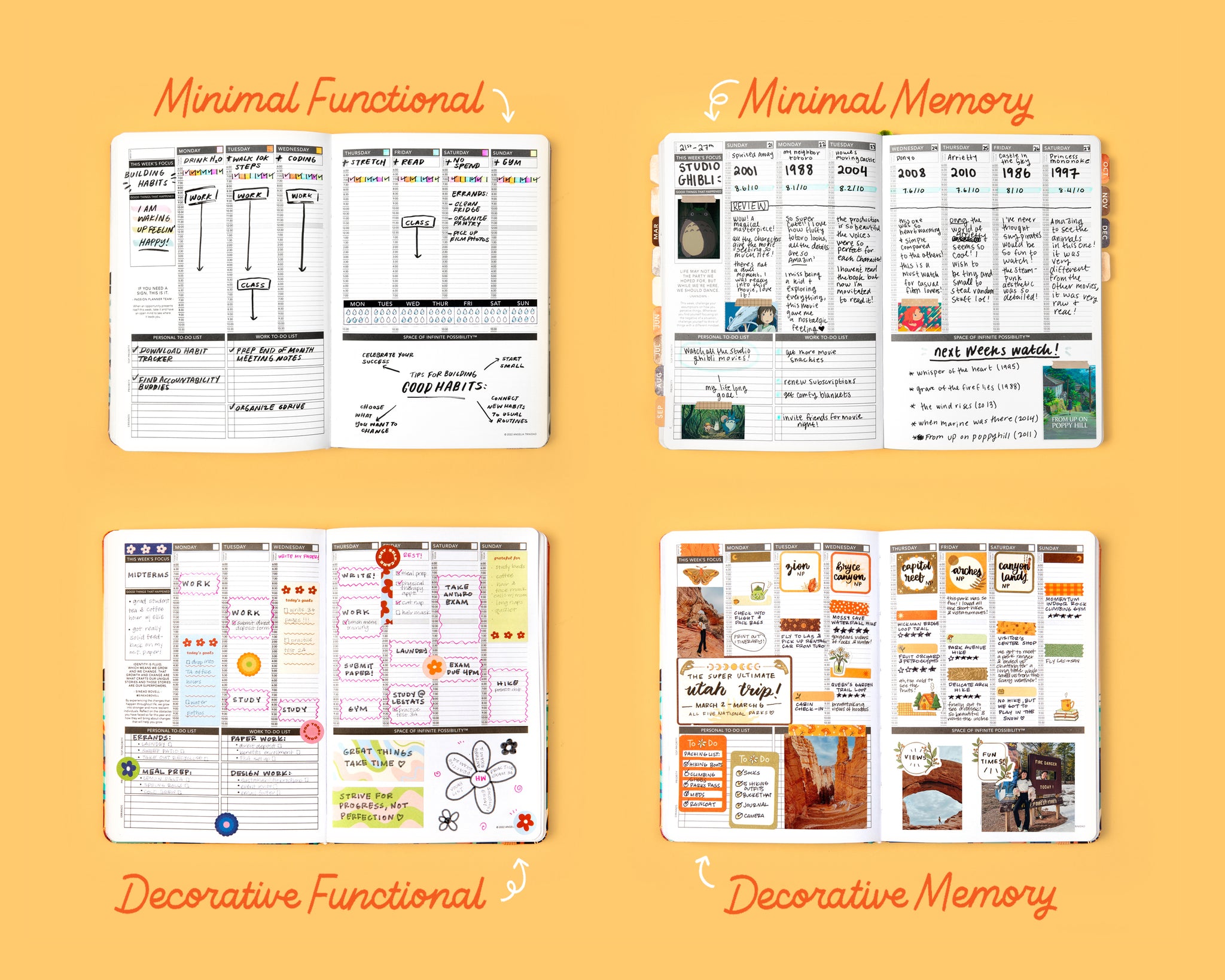 Four planners layouts in different styles (minimal functional, minimal memory, decorative functional, and decorative memory)