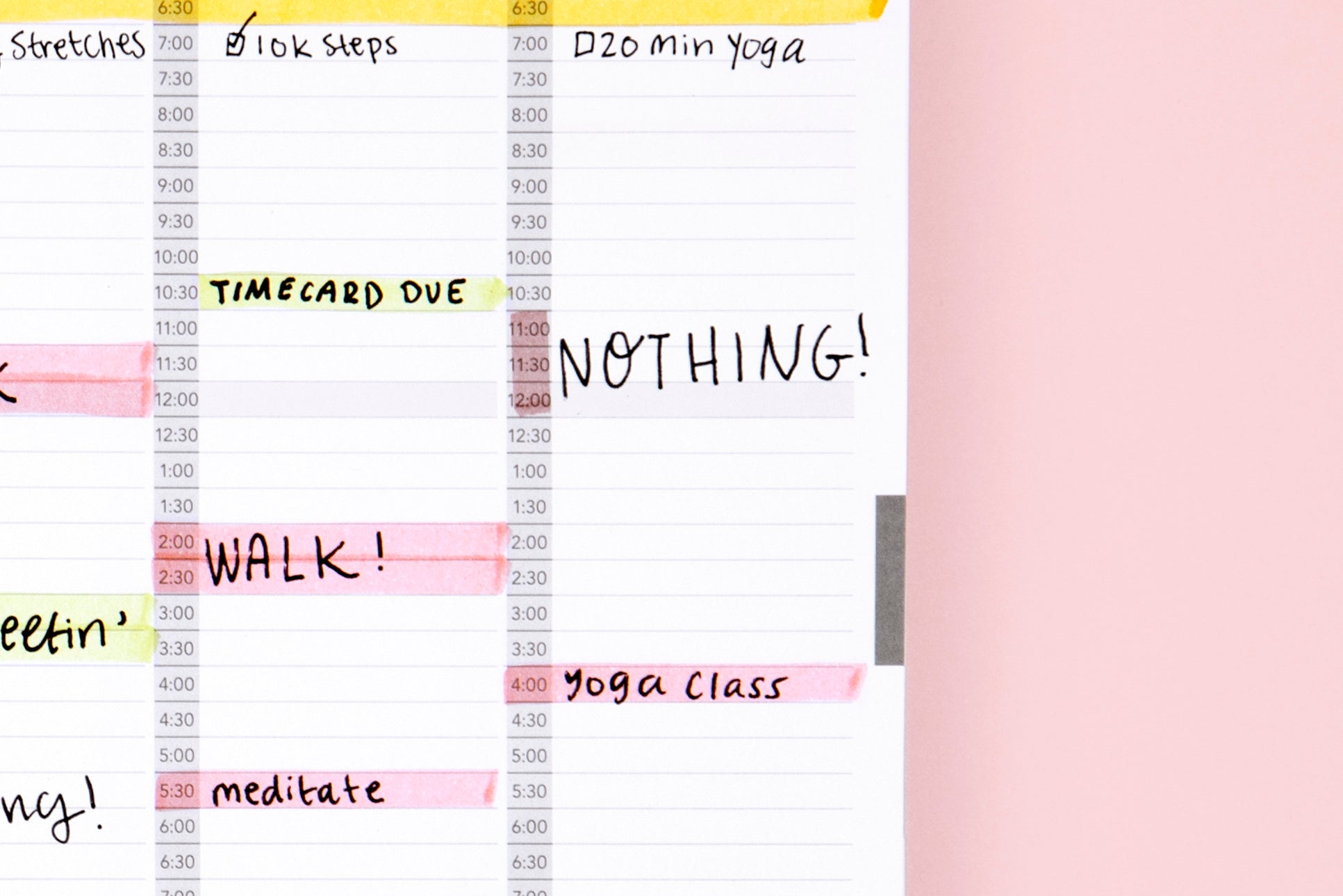 Close up of a planner with "nothing" scheduled into the days