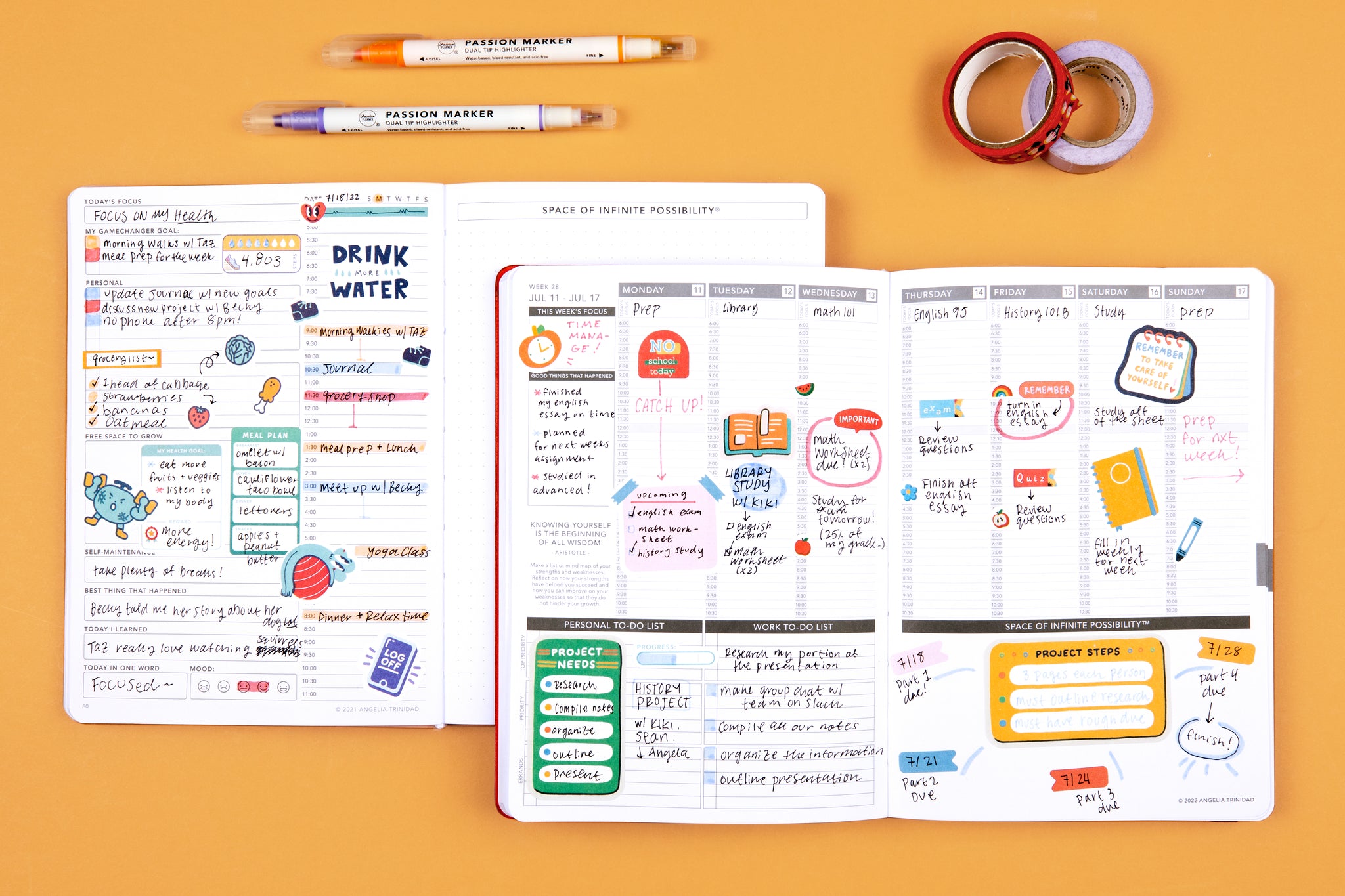 Two filled in planners used to track multiple schedules 