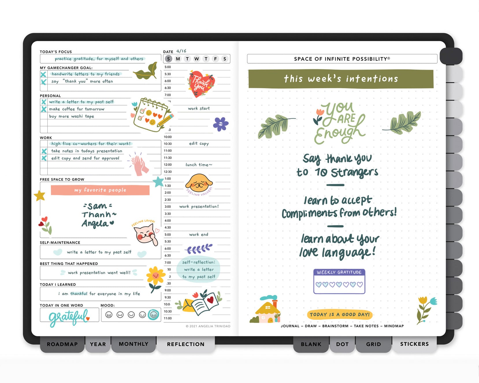 Digital daily planner layout with gratitude and affirmation sticker books