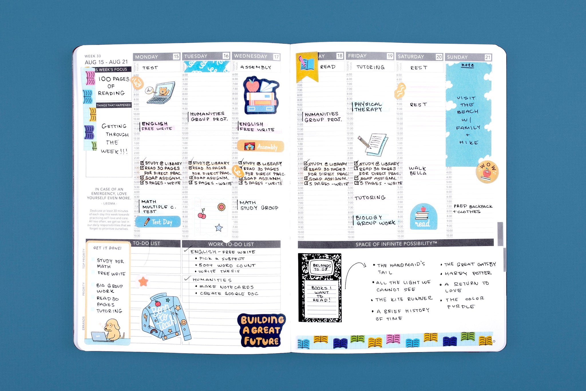 Weekly planner spread with tasks broken down across the whole week