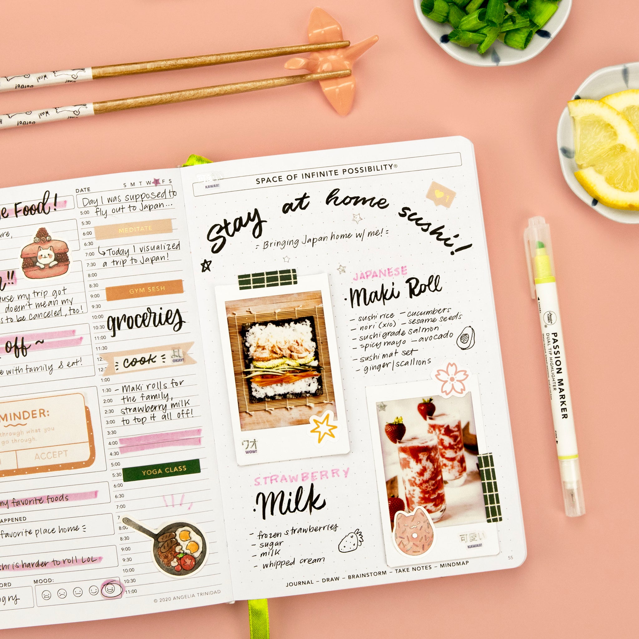 Japan staycation ideas written in Passion Planner Daily against pink background with chopsticks and Passion Marker. 