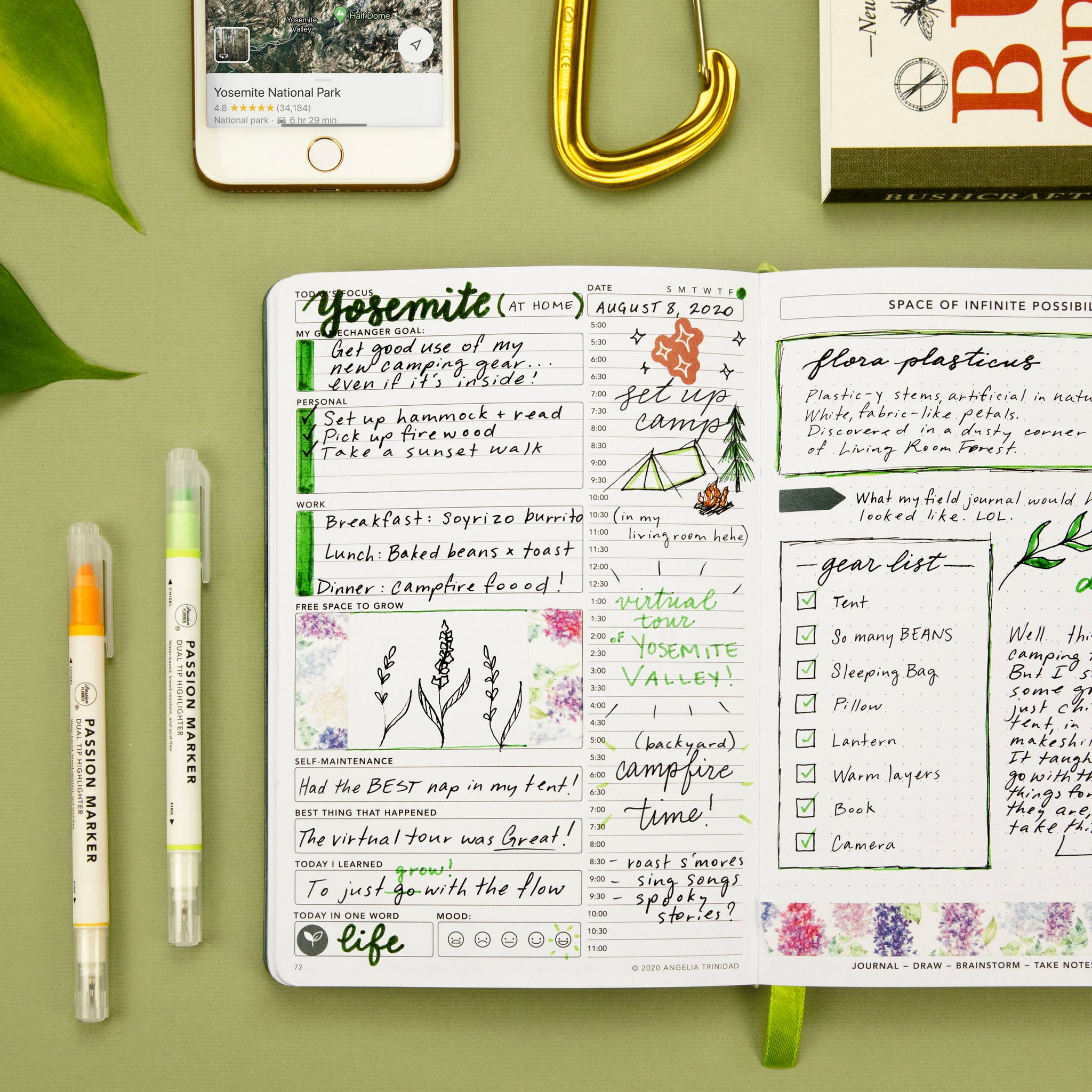 Yosemite staycation ideas written inside Passion Planner Daily against a green background with Passion Markers and climbing hooks. 