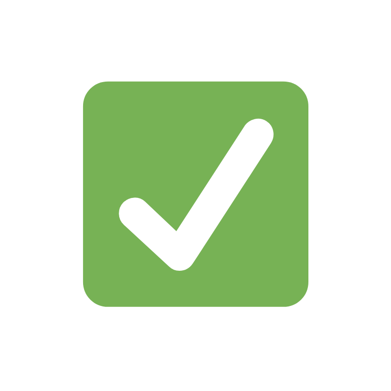 Green check mark on a white square with rounded corners.