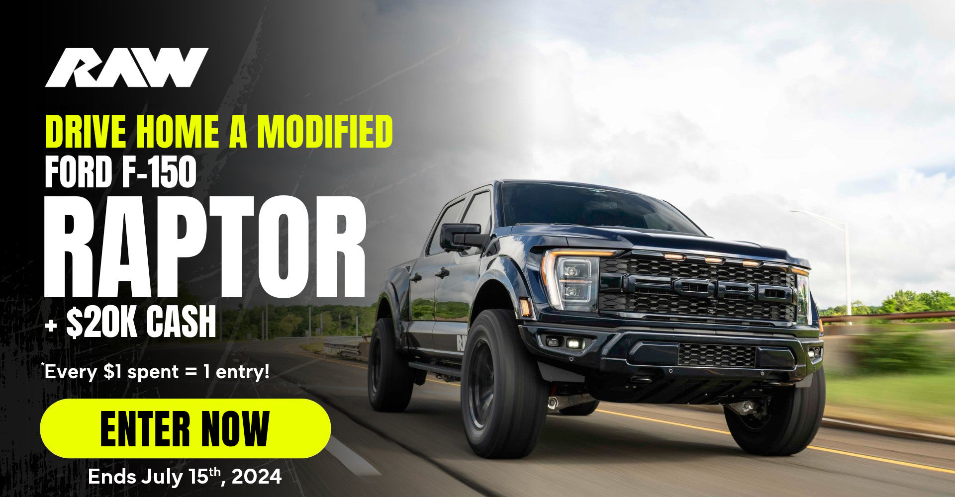 Promotional image of a black Ford F-150 Raptor with a sweepstakes offer for cash.