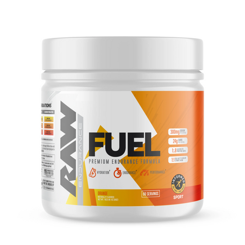 A white and orange tub of RAW Fuel