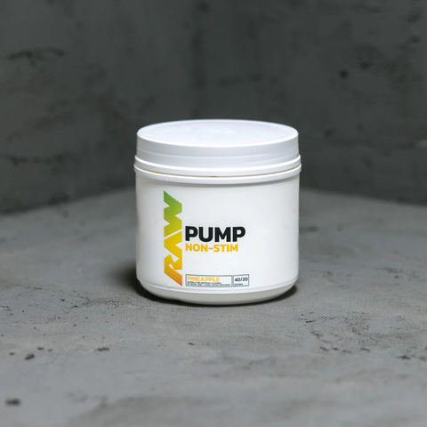 A white and yellow container of RAW Pump Non-Stim