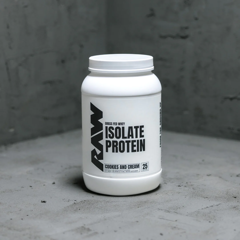 A white tub of RAW Isolate Protein