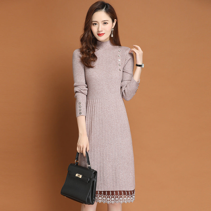 Niche2u Women's Dress Midi Dress Autumn and Winter Long Semi High Neck Lace Bottomed Sweater