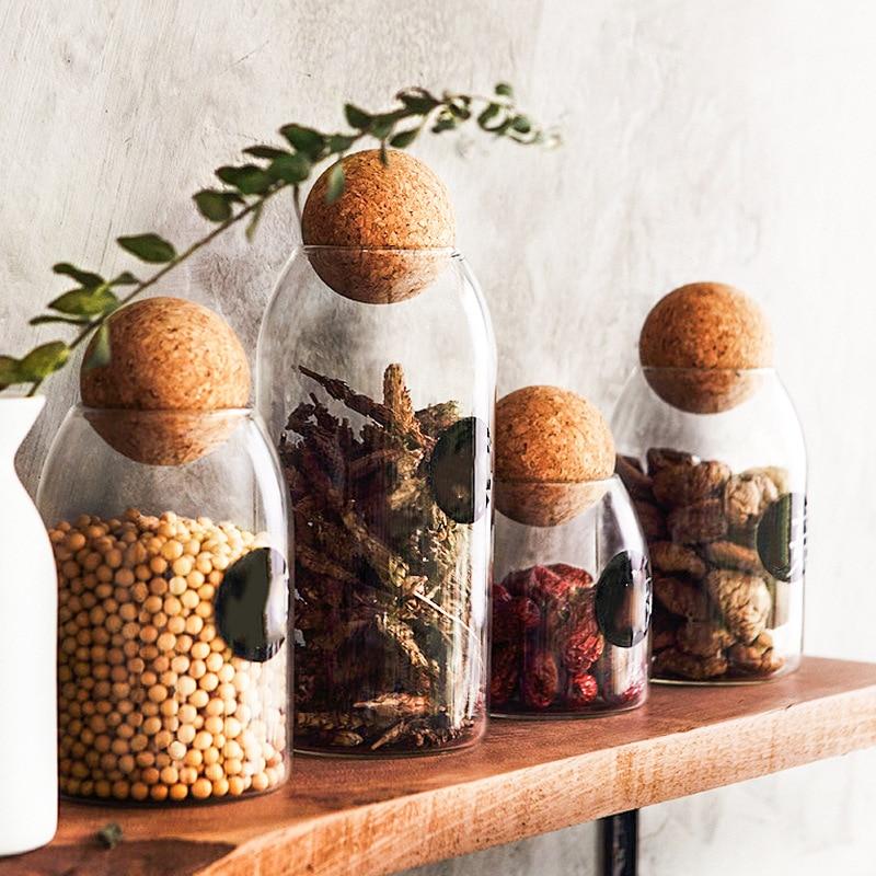 Clear Glass Bottle Kitchen Storage Jar with Cork Ball Airtight Lid –  Kitchen Groups