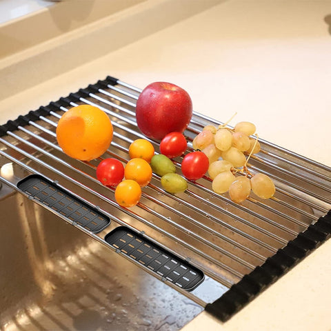 Stainless Steel Foldable/Roll-Up Over Sink Fruit Vegetable Utensils Drying  Rack Dish Drainer Mat for