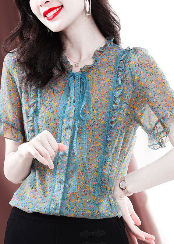 Diy Apricot V Neck Print Chiffon Blouse Top Half Sleeve – Omychic