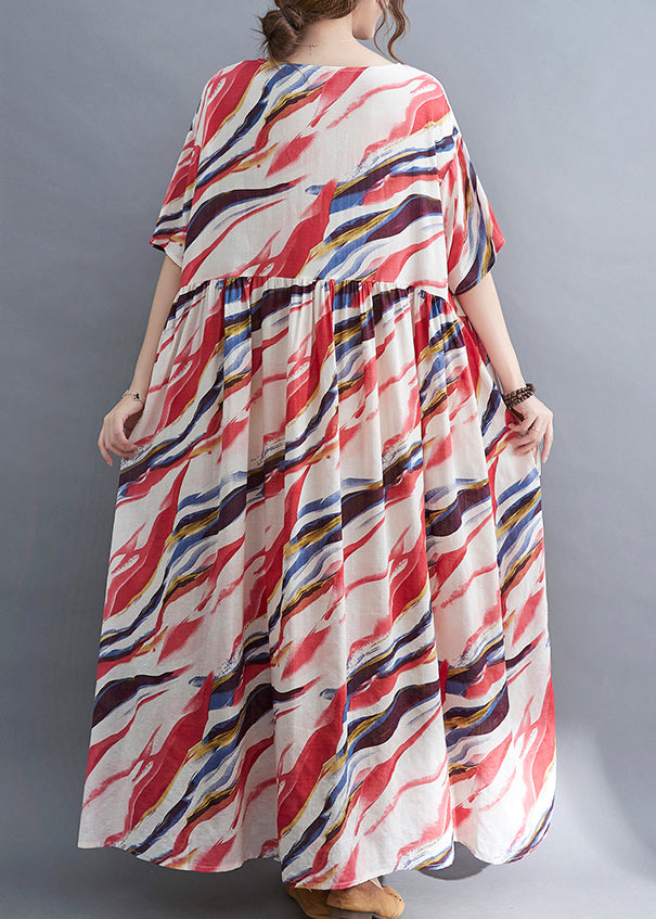 Bohemian Red O-Neck Print wrinkled Long Dress Short Sleeve – Omychic
