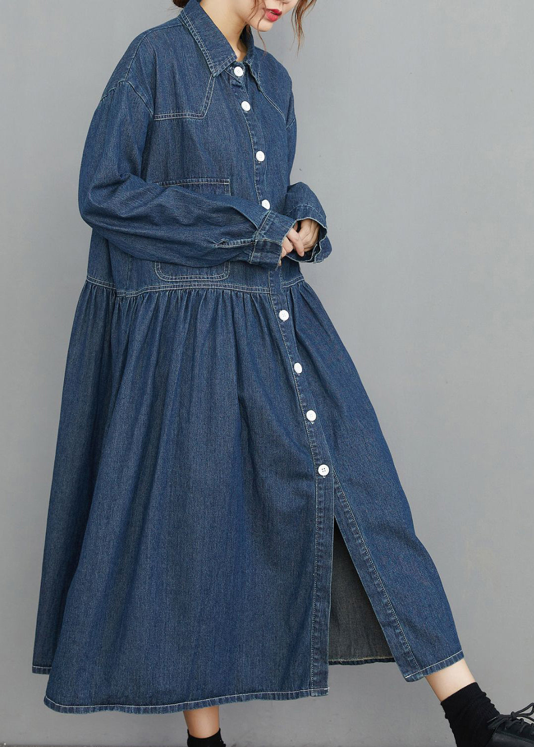 Chic Navy Peter Pan Collar Button Pockets wrinkled Denim Dress Spring ...