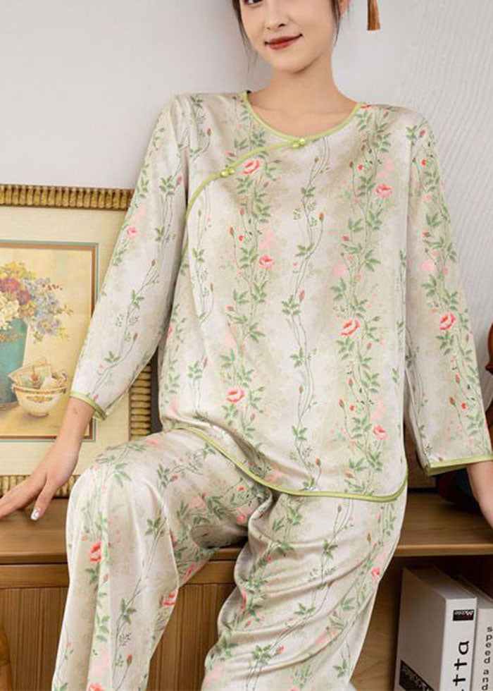 Chinese Style Green Chinese Button Side Open Ice Silk Pajamas Two Piec –  Omychic