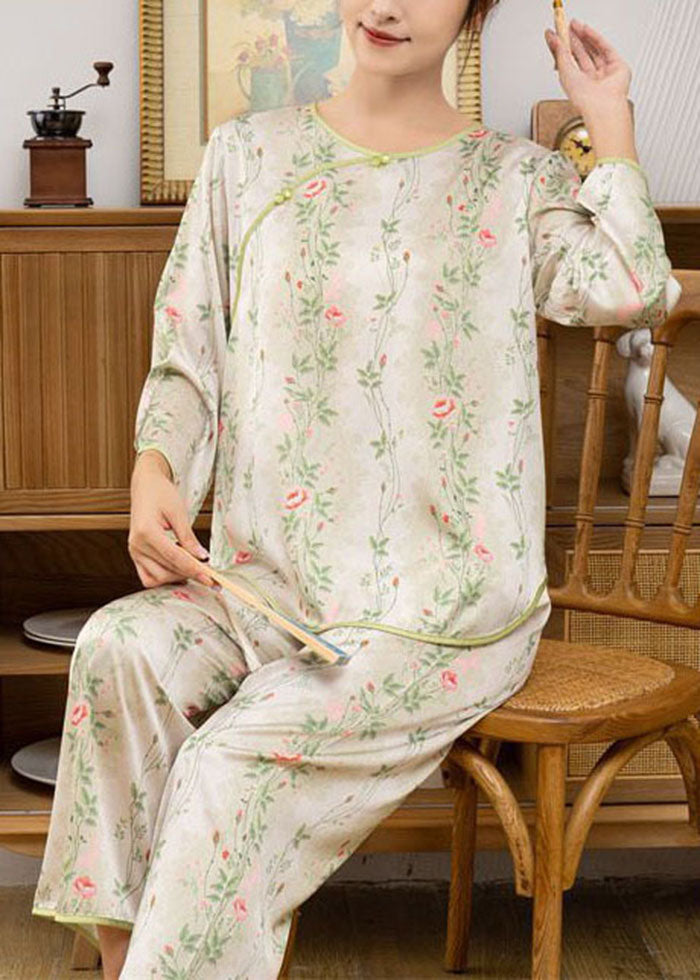 French Green Leopard Print Draping Ice Silk Pajamas Women Sets 2