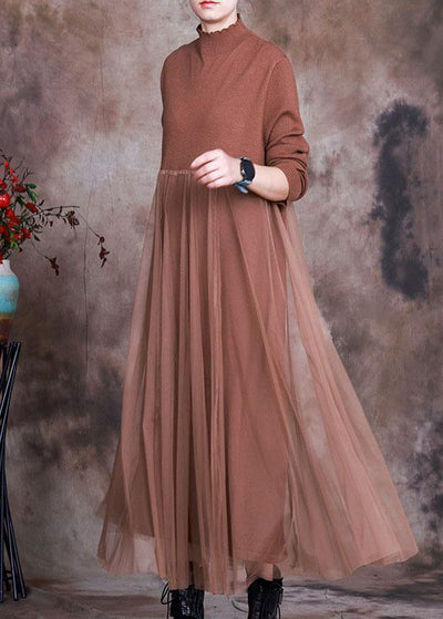 Coffee Stand Collar Knit Dress Asymmetrical Spring - Omychic