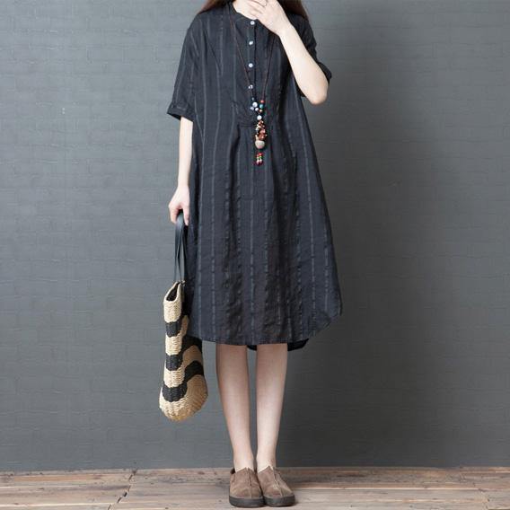 Elegant black striped linen Robes stand collar pockets oversized summer Dress - Omychic